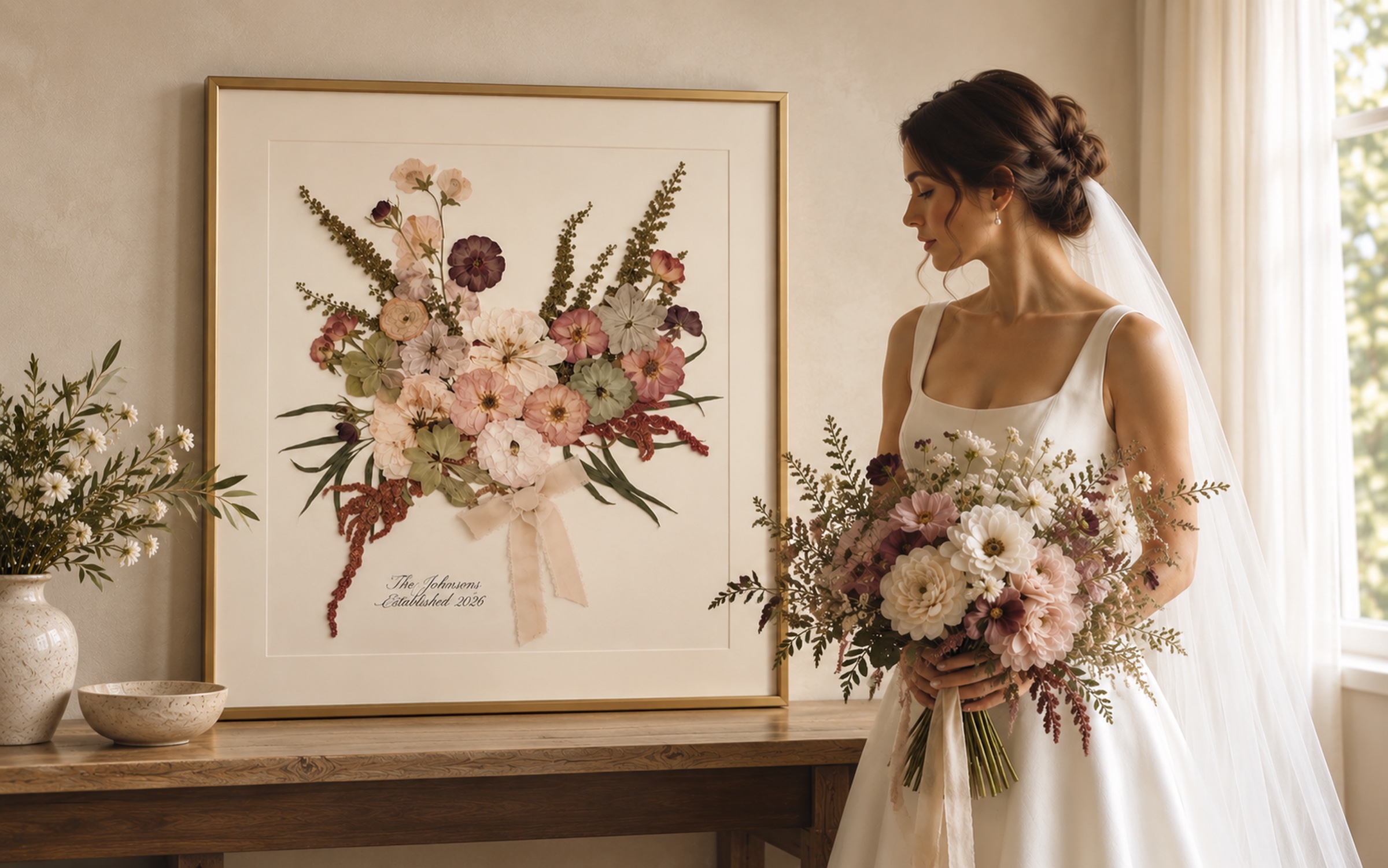 Bride beside a framed pressed wedding bouquet by Fleur De Lis House